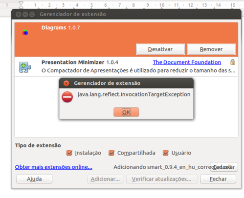 Linux: LibreOffice - Erro 'java.lang.reflect.InvocationTargetException' ao instalar extenso [Resolvido]
