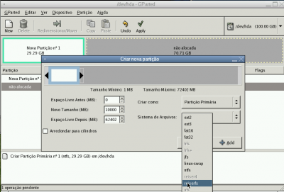 Fenix Extreme Linux: Criando partição para o sistema operacional 