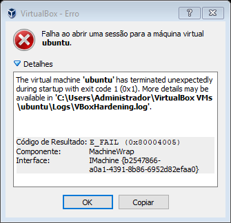 Linux: RESOLVENDO PROBLEMA E_FAIL (0x80004005) - VIRTUAL BOX