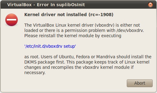 Linux: Erro ao executar VirtualBox: 'Kernel driver not installed (rc=-1908)'