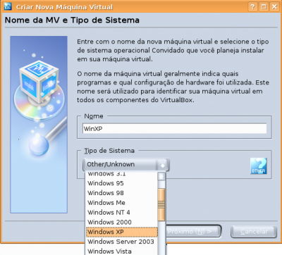 Linux: Virtualbox - escolha de sistema operacional 