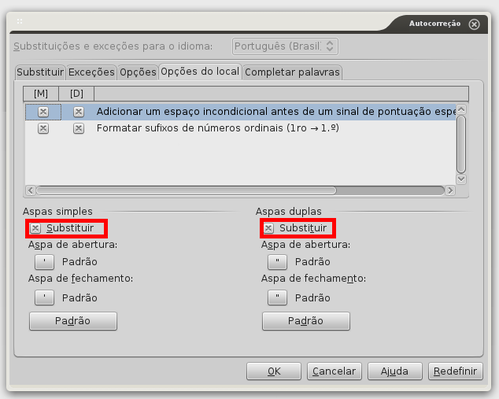 Linux: LibreOffice - Corrigindo aspas duplas/simples